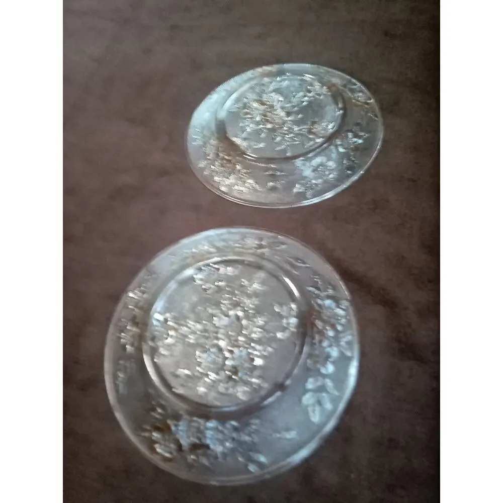 Vtg Rerverse Pressed Glass Plates~CLEAR with colored Flowers 8 1/4